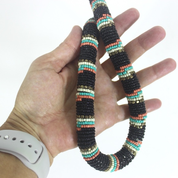 Vintage African Style Thick Beaded Necklace Black Pink Brass Gold - Picture 7 of 8